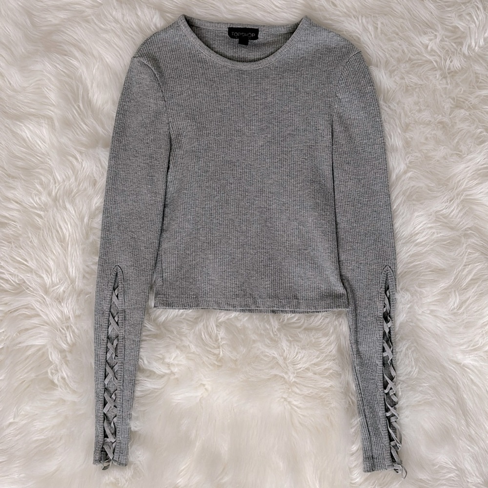 Topshop | Ribbed Crew Neck Criss Cross Lattice Long Sleeve Size 2 | Gray